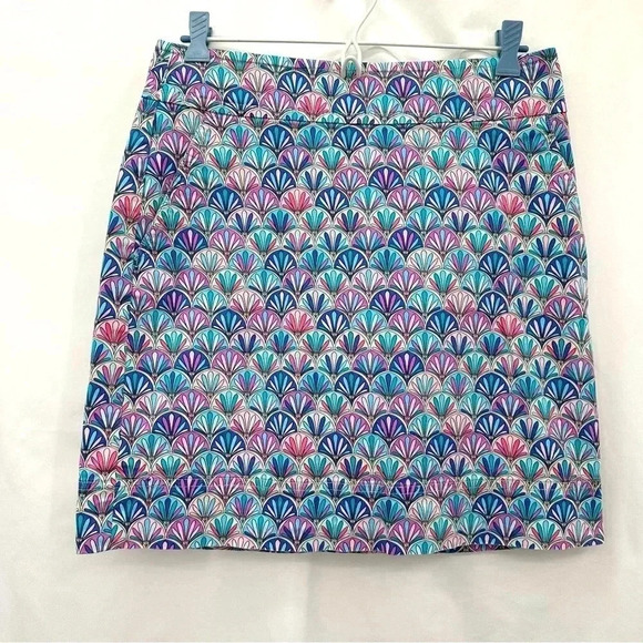 Talbots Women’s Geometric Skirt 4 Pink Blue Pencil Back Zipper Pockets Unlined - Picture 1 of 10